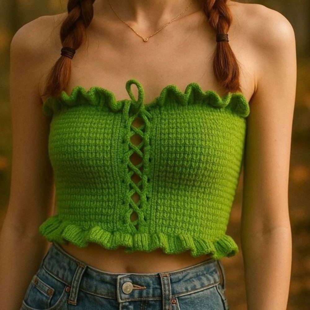 Sexy Green Knit Ruffle Tube Top Halter Style 2-Way Wear Cropped Corset Lace-Up S